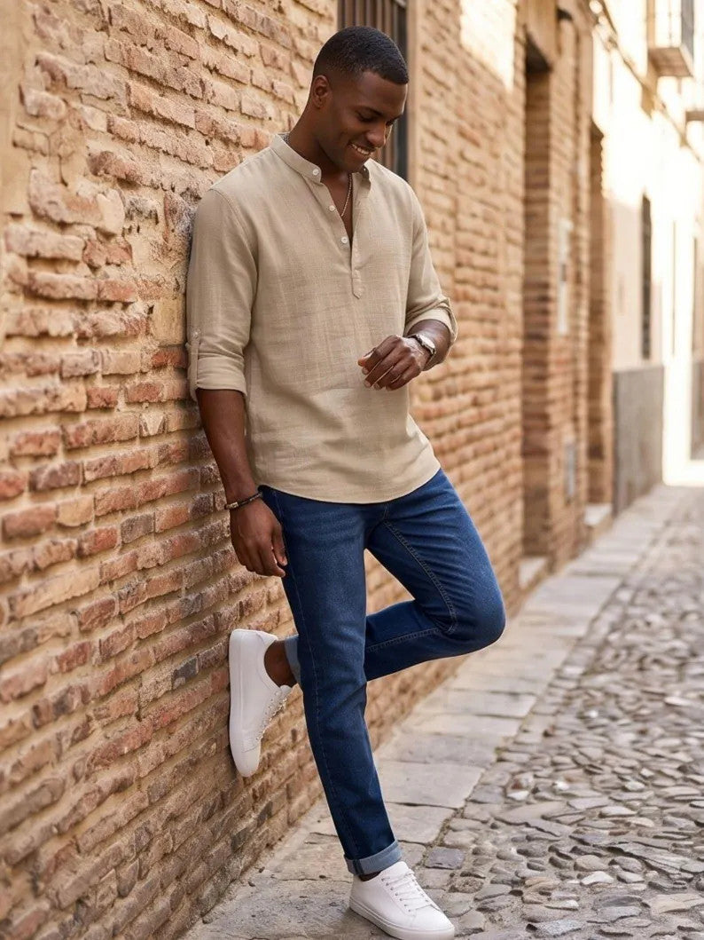Men's Casual Roll Up Sleeve Henley Shirt - Plus Size Cotton Top for Beach & Summer Style