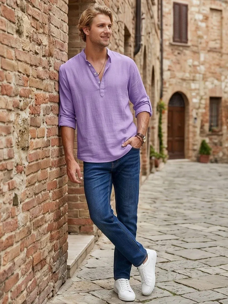 Men's Casual Roll Up Sleeve Henley Shirt - Plus Size Cotton Top for Beach & Summer Style