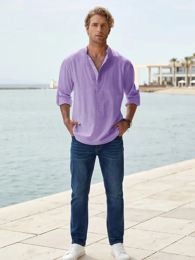 Men's Casual Roll Up Sleeve Henley Shirt - Plus Size Cotton Top for Beach & Summer Style