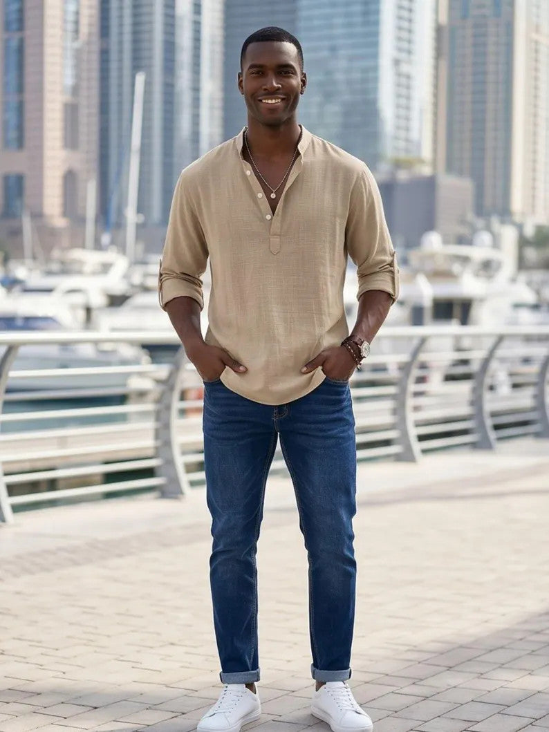 Men's Casual Roll Up Sleeve Henley Shirt - Plus Size Cotton Top for Beach & Summer Style