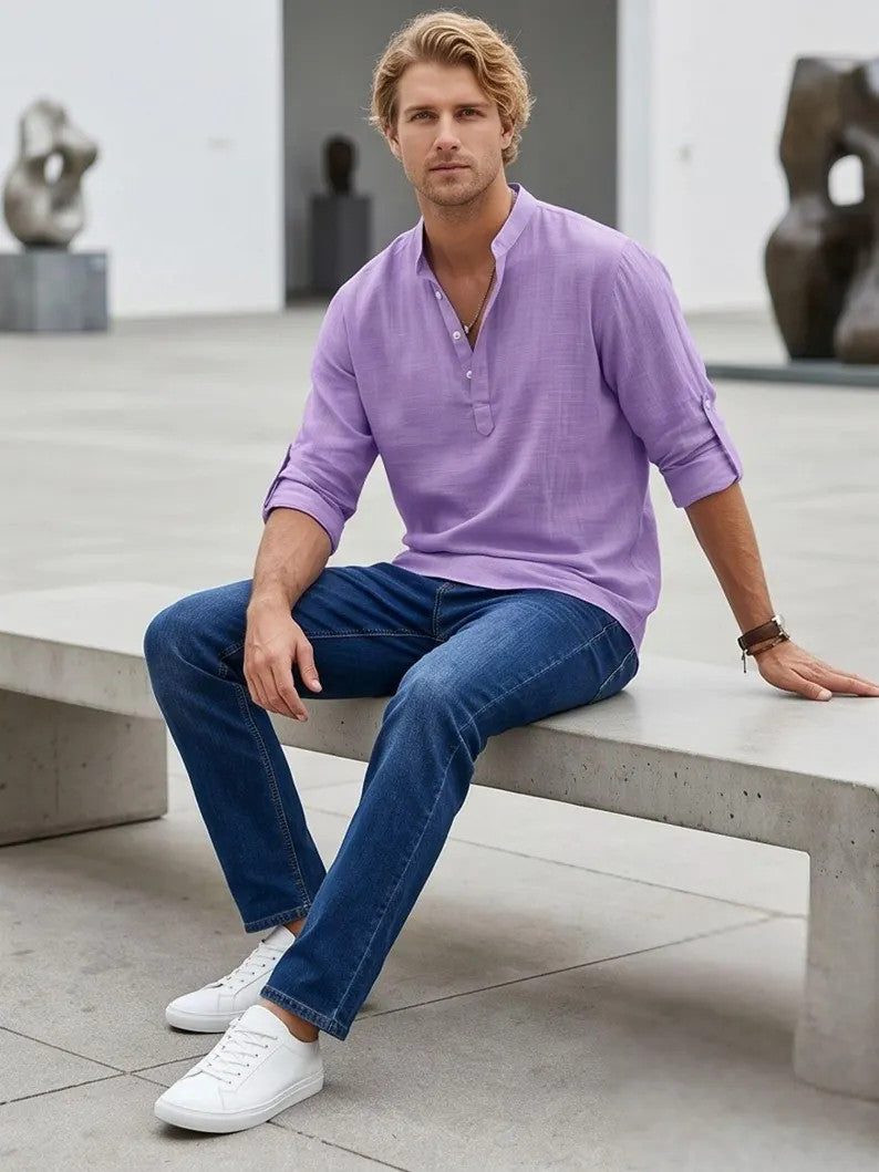 Men's Casual Roll Up Sleeve Henley Shirt - Plus Size Cotton Top for Beach & Summer Style