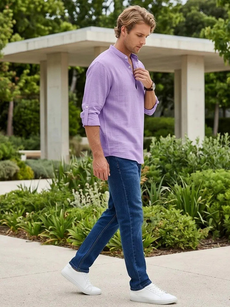 Men's Casual Roll Up Sleeve Henley Shirt - Plus Size Cotton Top for Beach & Summer Style