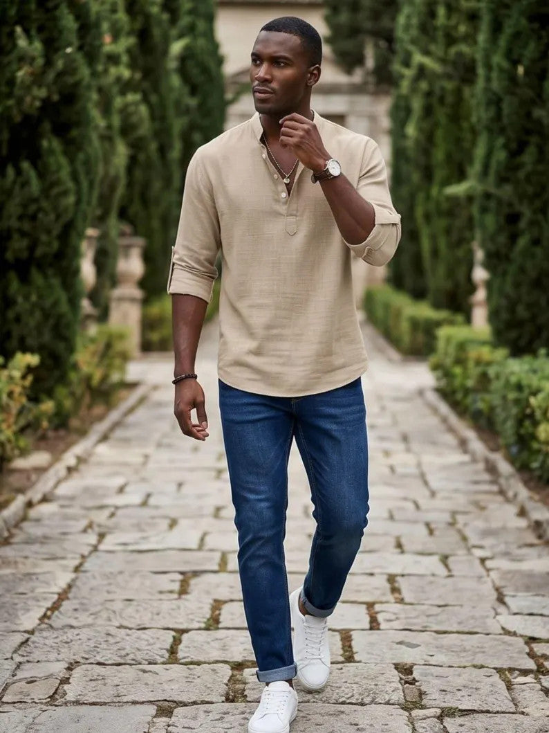 Men's Casual Roll Up Sleeve Henley Shirt - Plus Size Cotton Top for Beach & Summer Style
