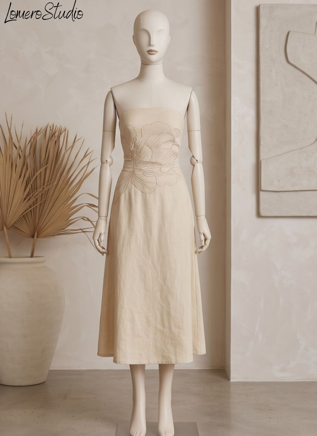 Strapless Linen Dress with Floral Lining, Breathable Midi for Summer Brunch