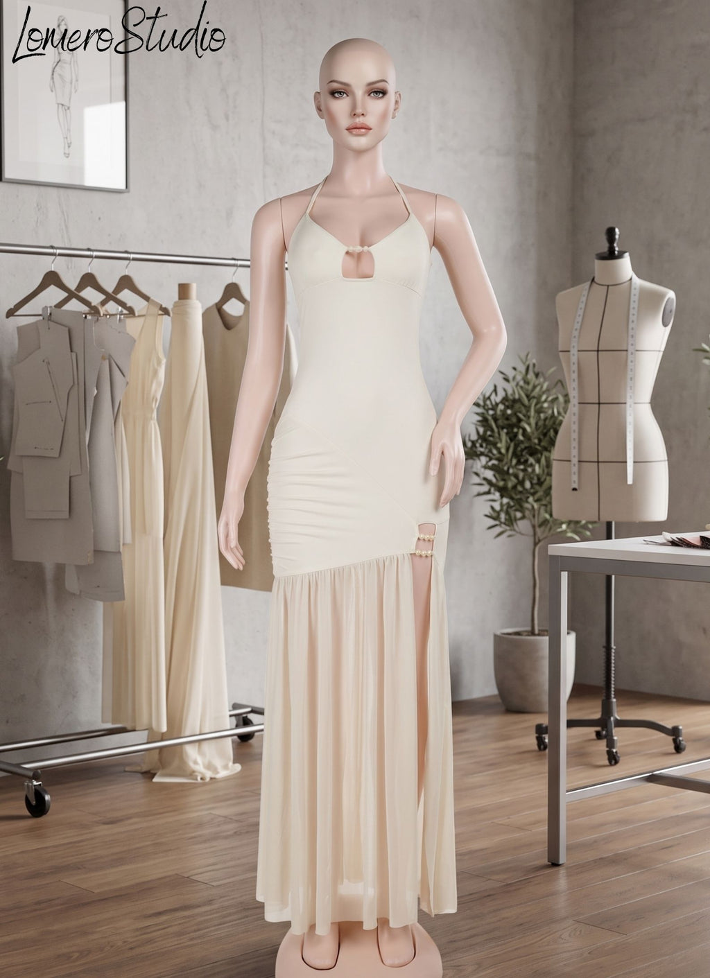Sexy Bodycon Maxi Dress for Women, Unique Halter Cutout Dress, Party Mesh Dress with Splicing