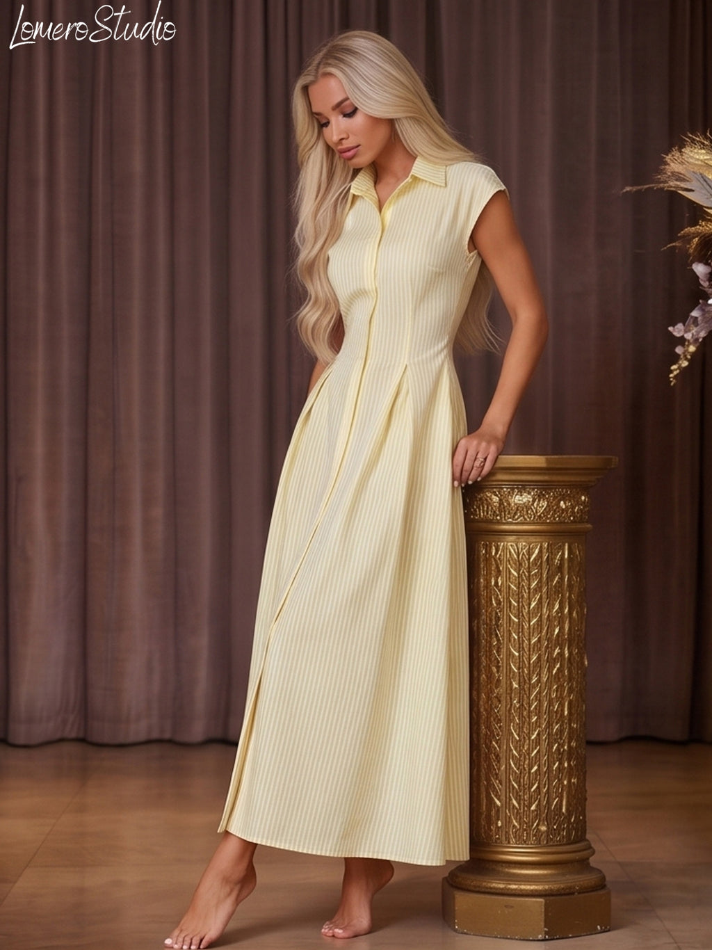 Trendy Cap Sleeve Maxi Dress for Women, Ruched Waist Collared Summer Dress, Casual Outfit