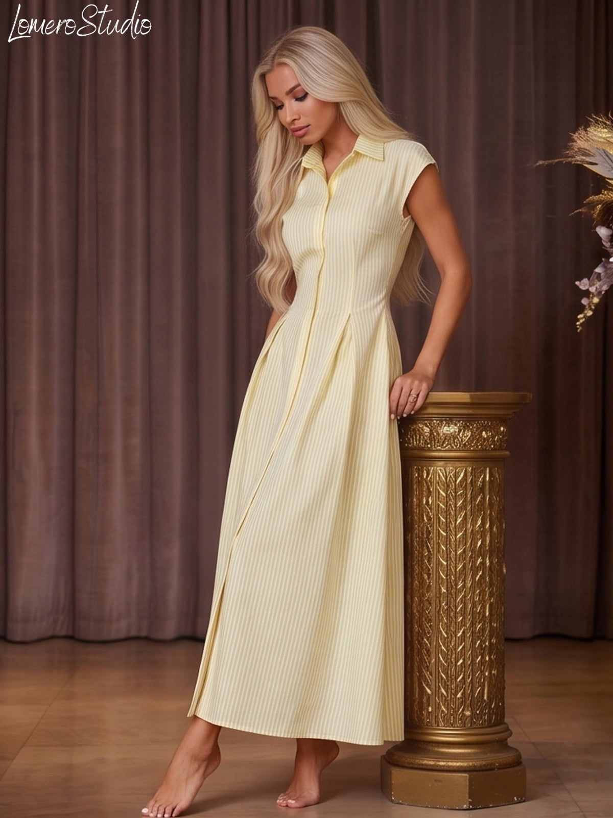Trendy Cap Sleeve Maxi Dress for Women, Ruched Waist Collared Summer Dress, Casual Outfit