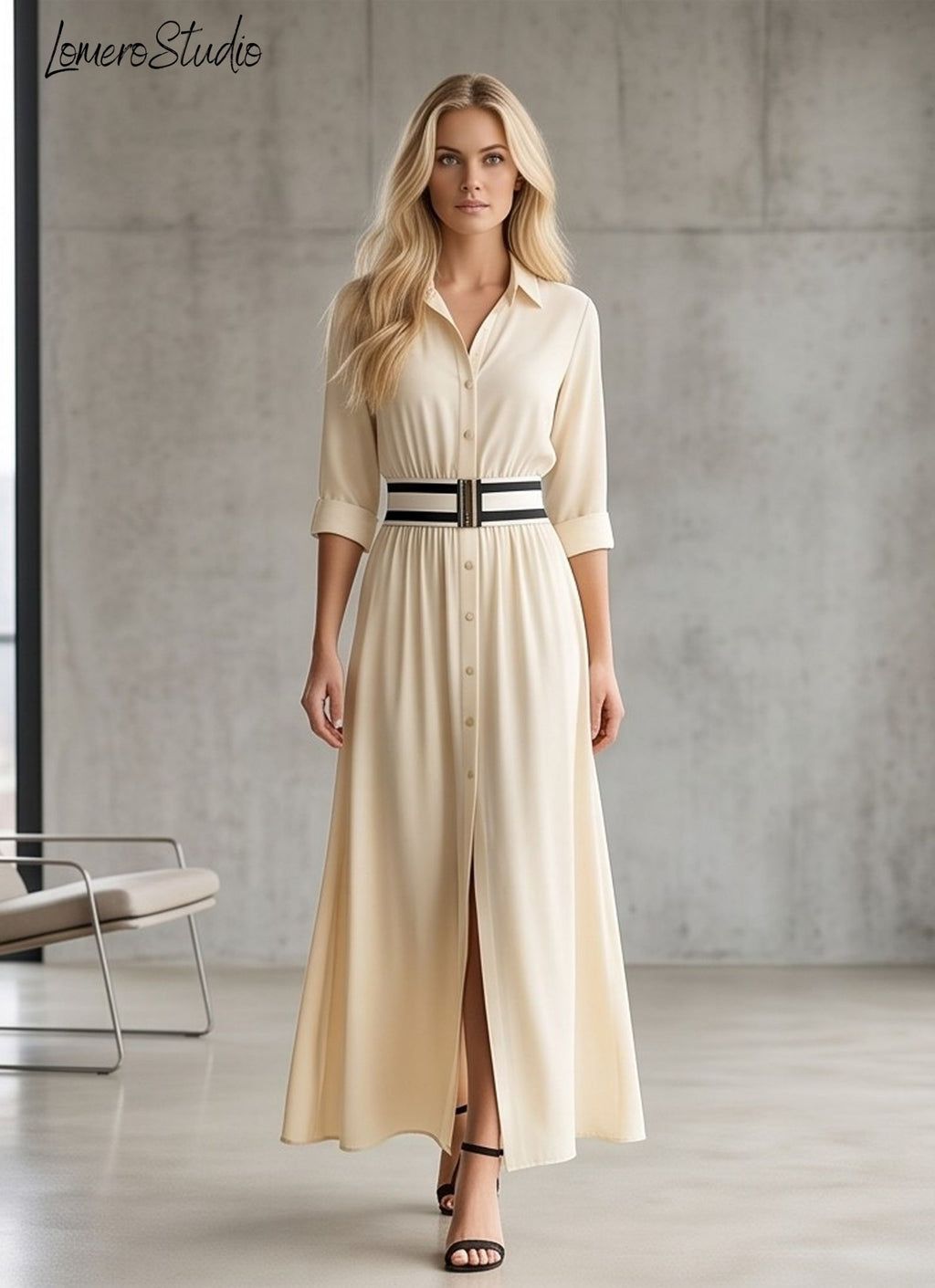 Trendy Color Block Maxi Dress, Elegant Collared Long Dress with Pockets
