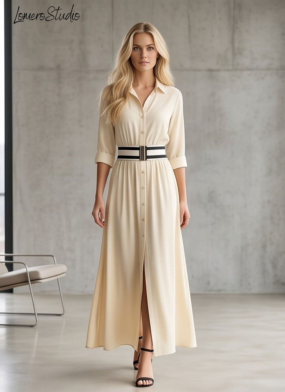Trendy Color Block Maxi Dress, Elegant Collared Long Dress with Pockets