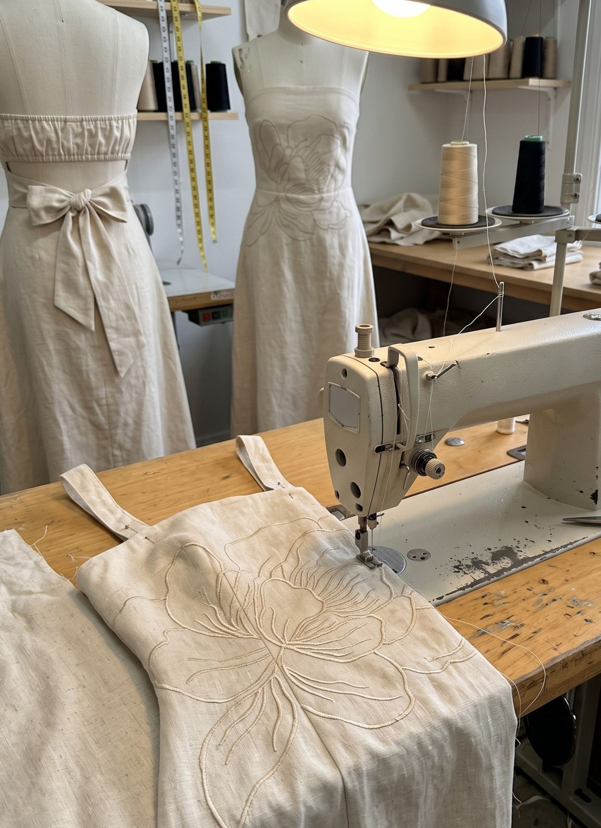 Strapless Linen Dress with Floral Lining, Breathable Midi for Summer Brunch