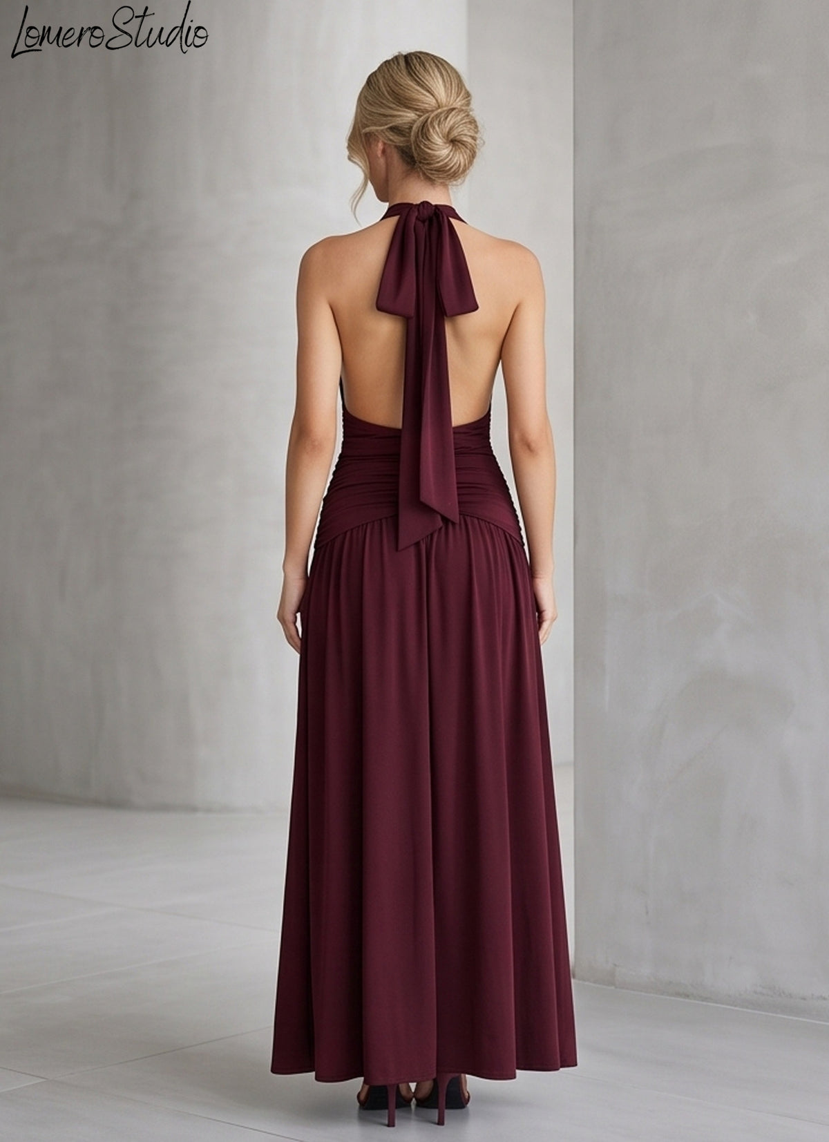 Sexy Summer Halter Dress with High Slit, Backless Ruched Evening Gown