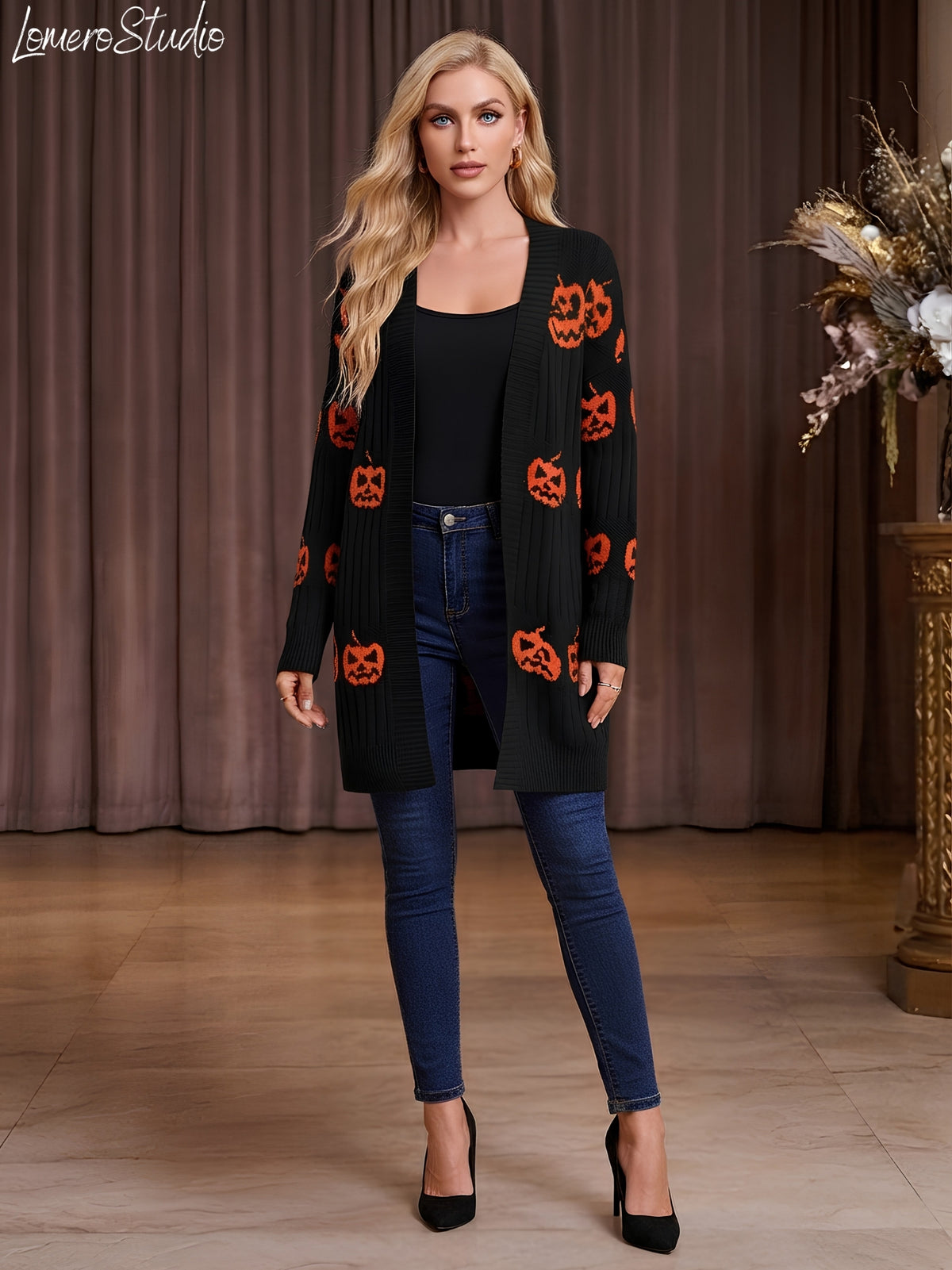 Halloween Pumpkin Cardigan, Open Front Sweater, Knit Cardigan for Women
