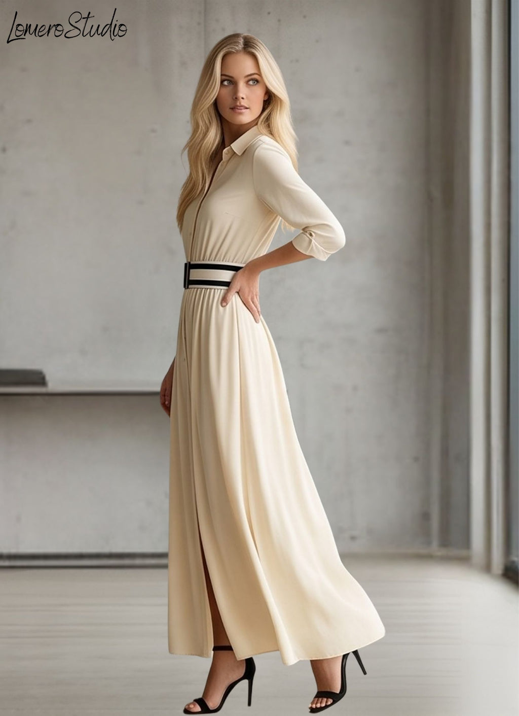 Trendy Color Block Maxi Dress, Elegant Collared Long Dress with Pockets