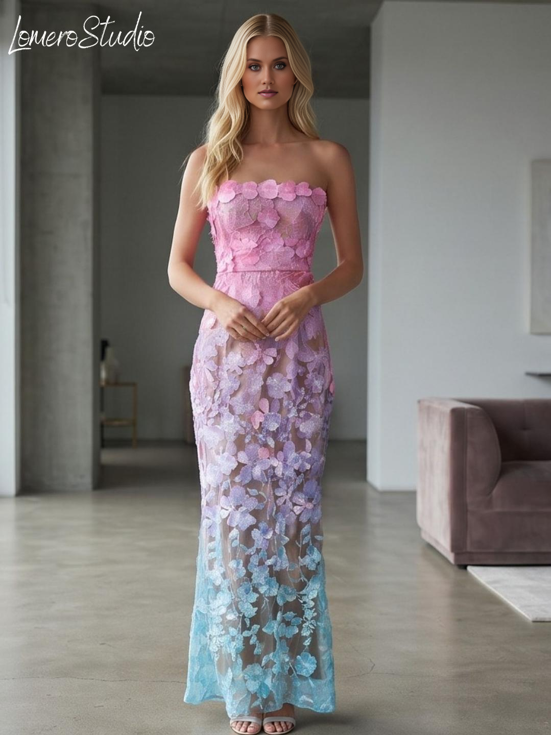 Unique Strapless Floral Maxi Dress, Embroidered Summer Party Dress, Corset Mesh Evening Dress