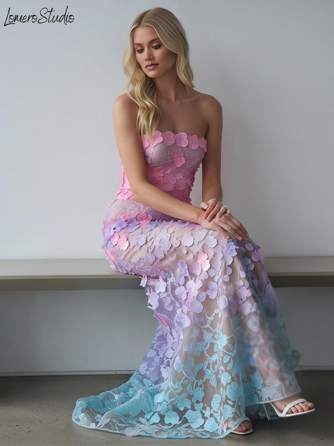 Unique Strapless Floral Maxi Dress, Embroidered Summer Party Dress, Corset Mesh Evening Dress
