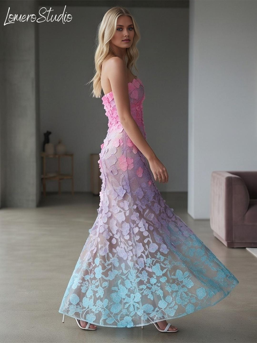 Unique Strapless Floral Maxi Dress, Embroidered Summer Party Dress, Corset Mesh Evening Dress