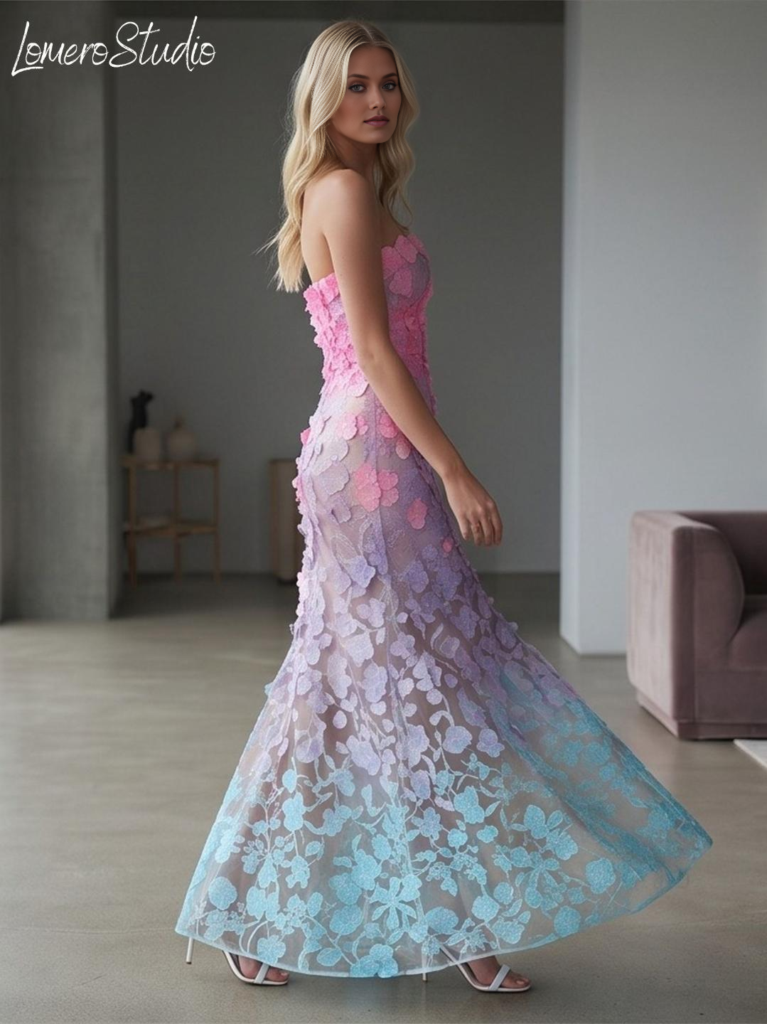 Unique Strapless Floral Maxi Dress, Embroidered Summer Party Dress, Corset Mesh Evening Dress