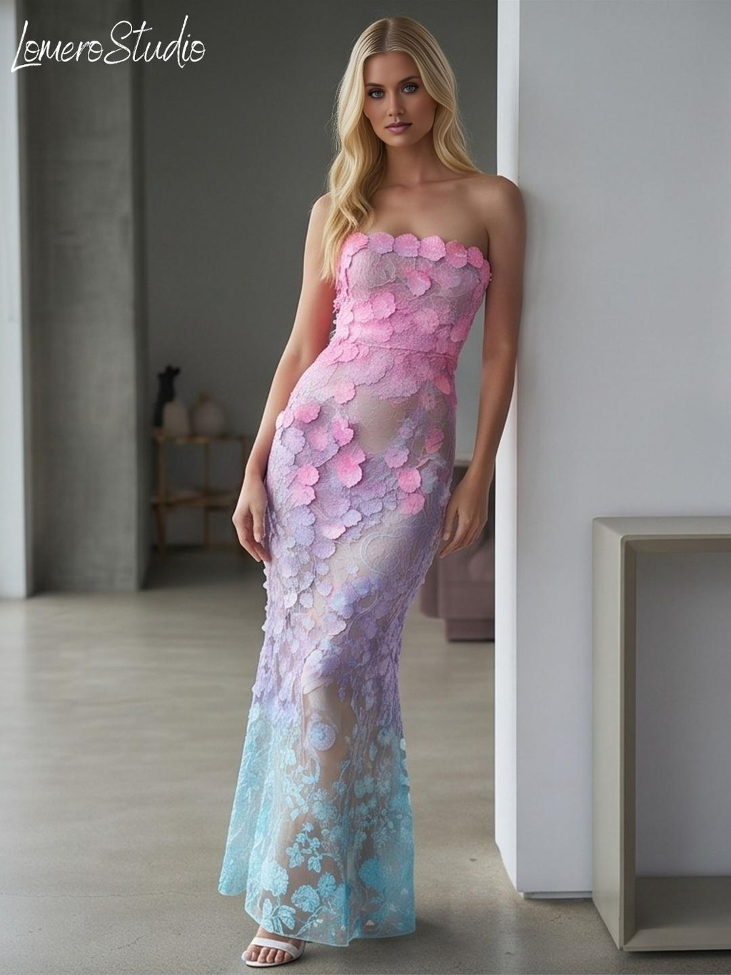 Unique Strapless Floral Maxi Dress, Embroidered Summer Party Dress, Corset Mesh Evening Dress