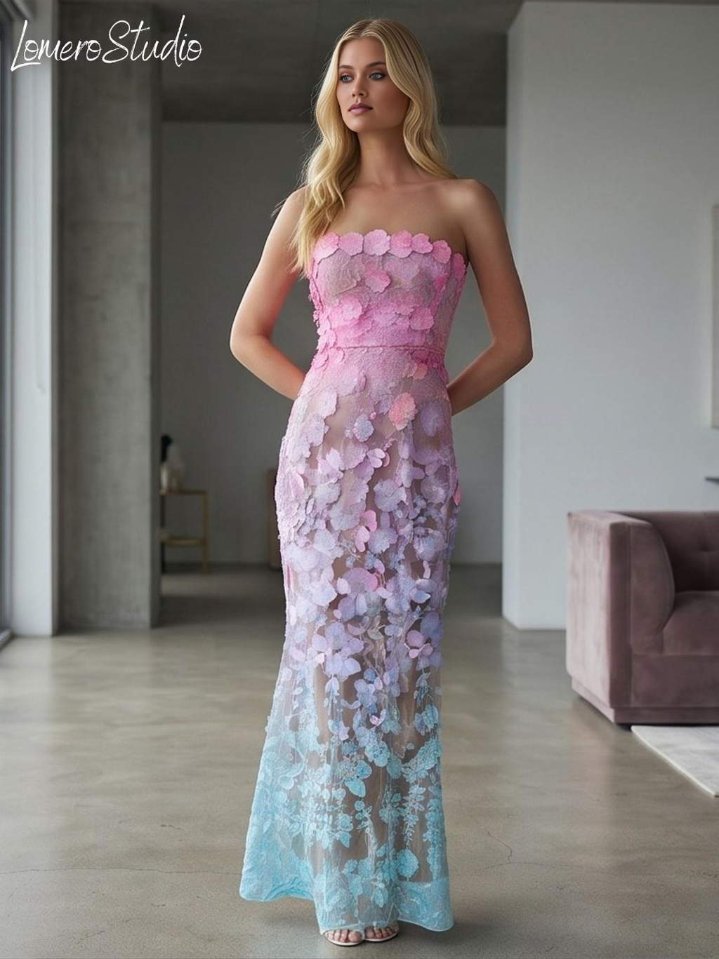 Unique Strapless Floral Maxi Dress, Embroidered Summer Party Dress, Corset Mesh Evening Dress