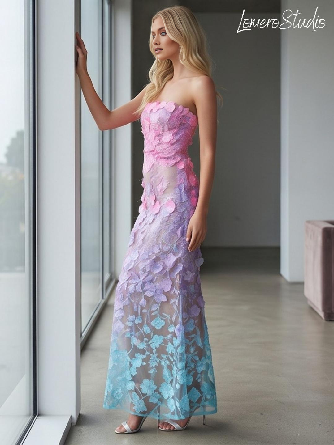 Unique Strapless Floral Maxi Dress, Embroidered Summer Party Dress, Corset Mesh Evening Dress