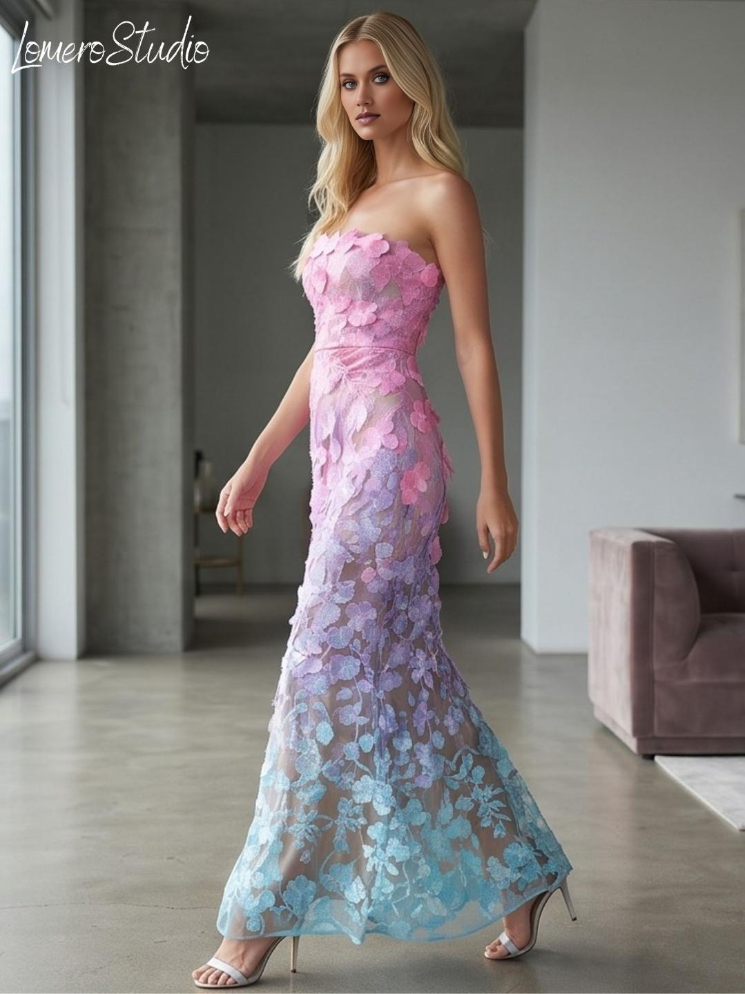 Unique Strapless Floral Maxi Dress, Embroidered Summer Party Dress, Corset Mesh Evening Dress