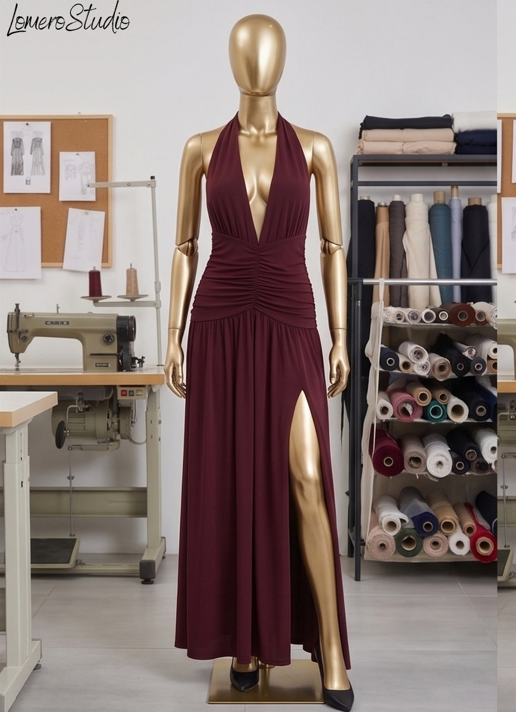 Sexy Summer Halter Dress with High Slit, Backless Ruched Evening Gown