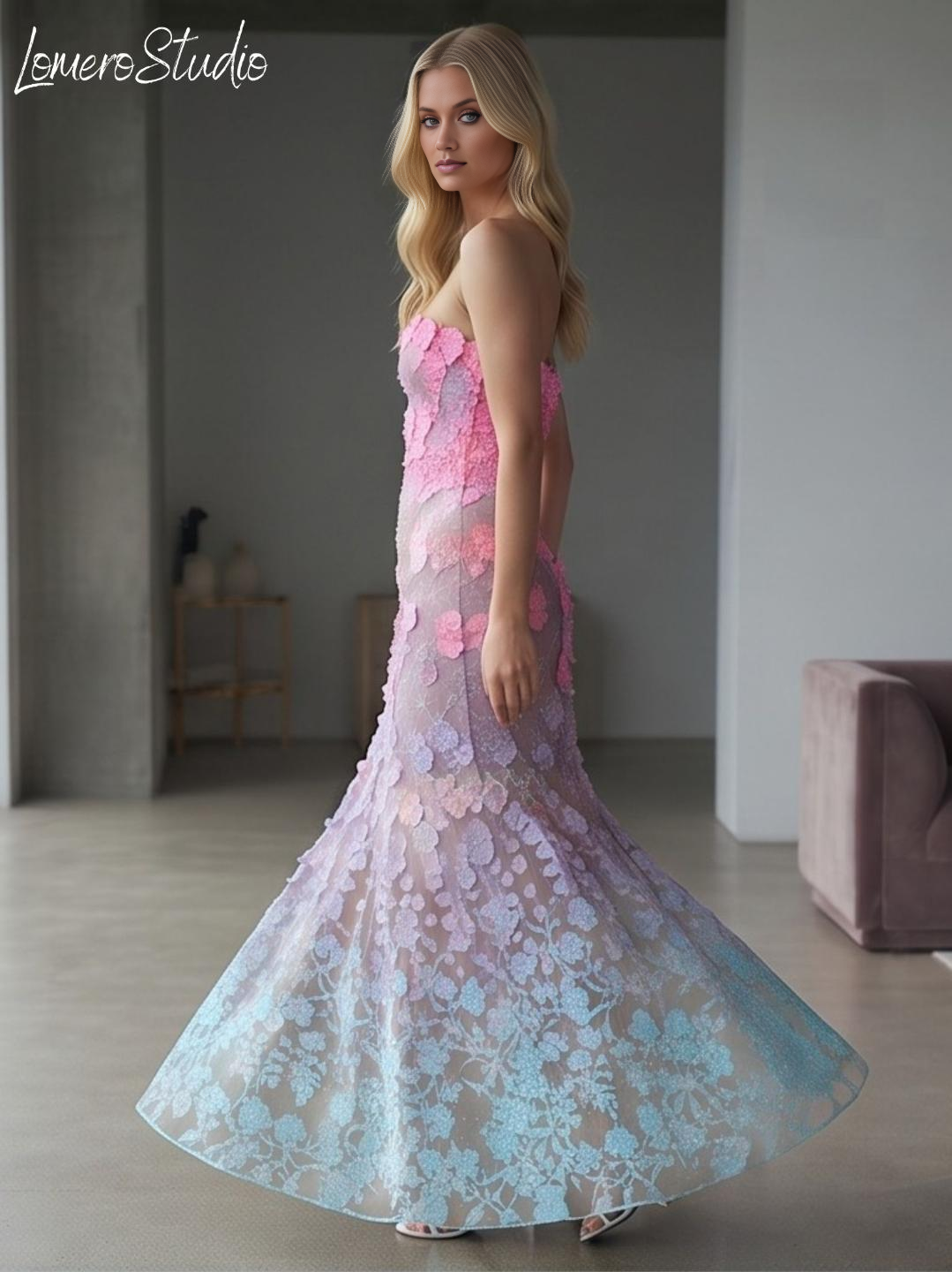 Unique Strapless Floral Maxi Dress, Embroidered Summer Party Dress, Corset Mesh Evening Dress