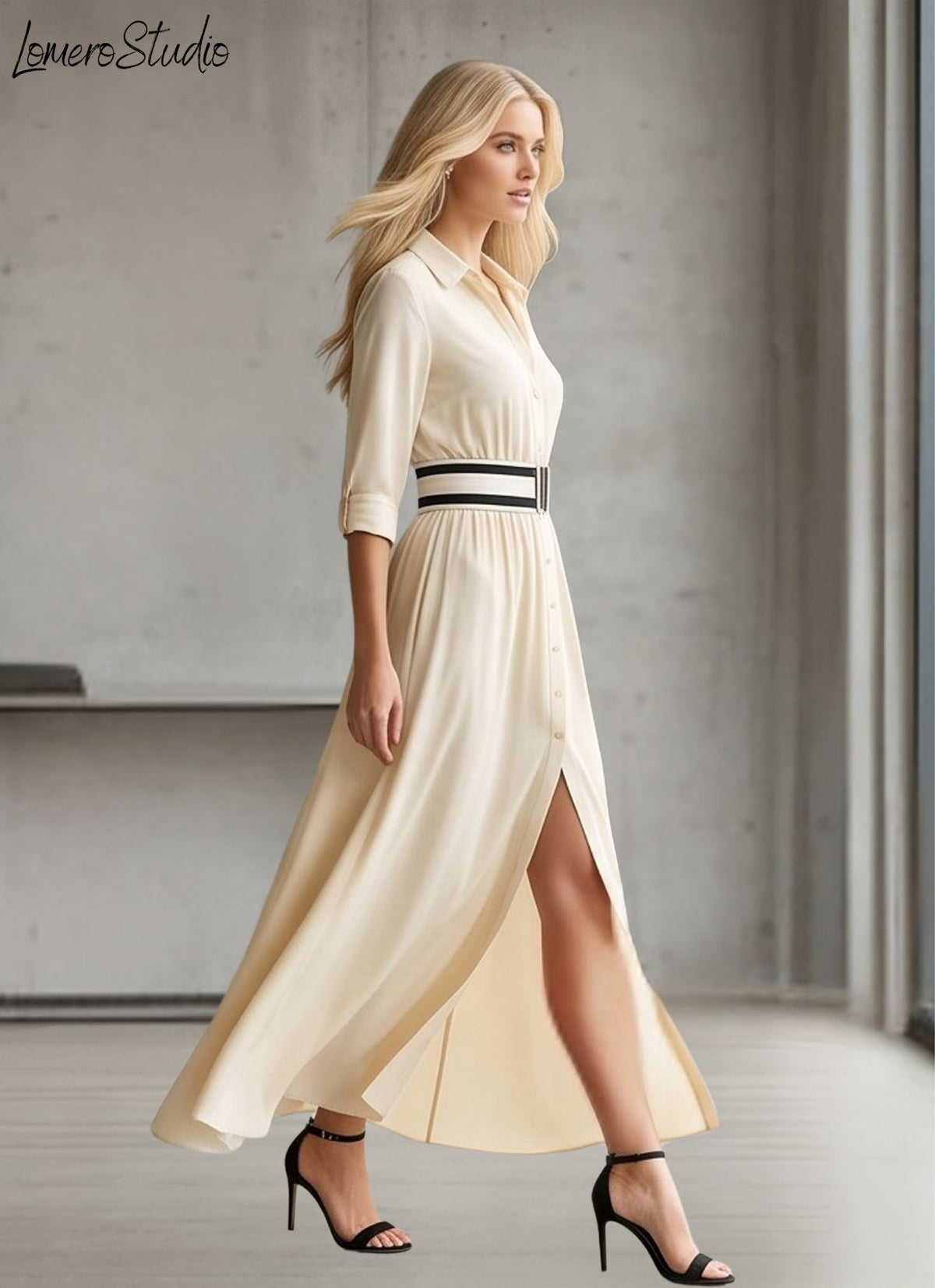 Trendy Color Block Maxi Dress, Elegant Collared Long Dress with Pockets