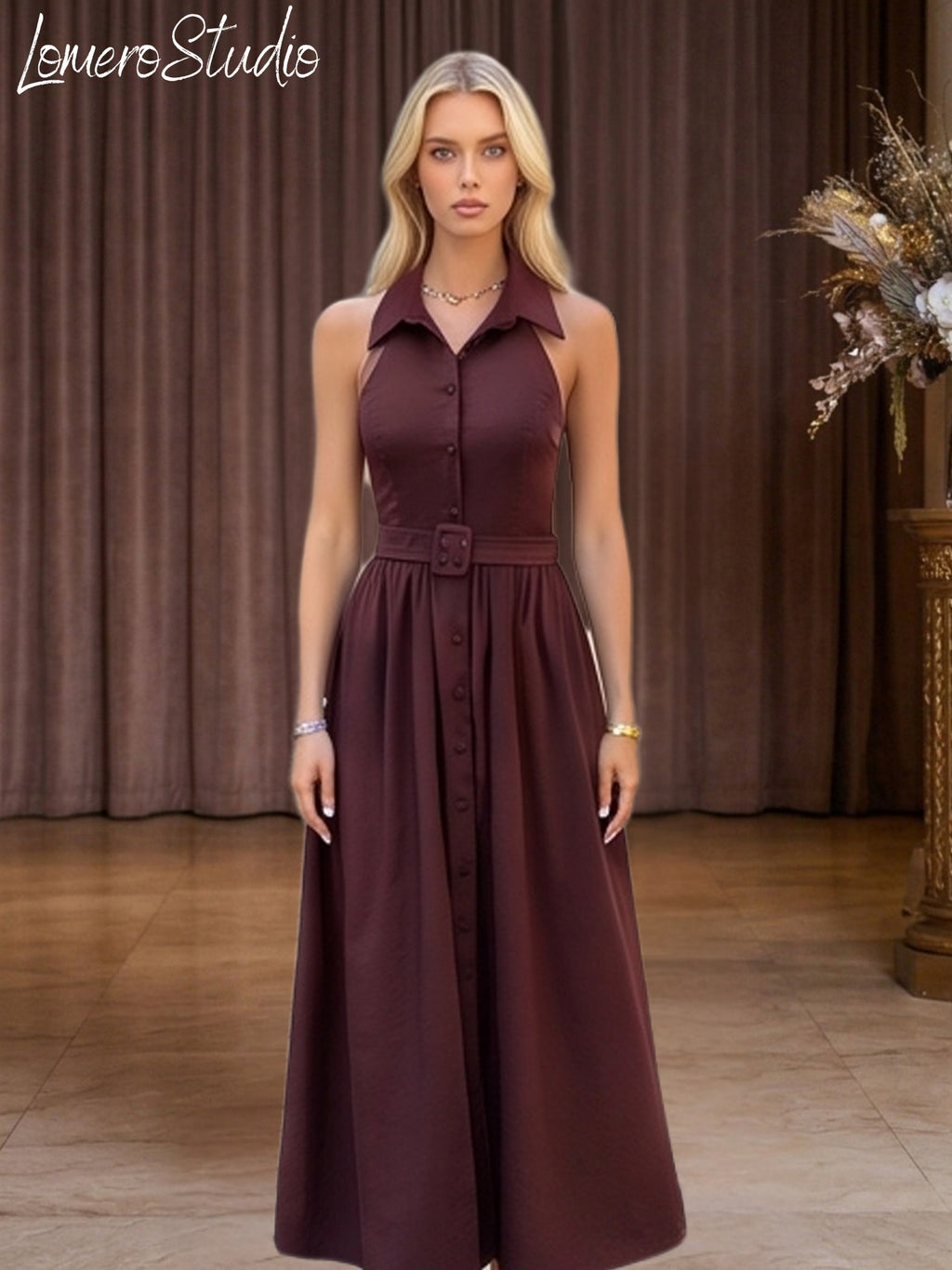 Trendy Sleeveless A-Line Dress for Women | Stylish Collared Belted Midi Dress, Casual Outfit