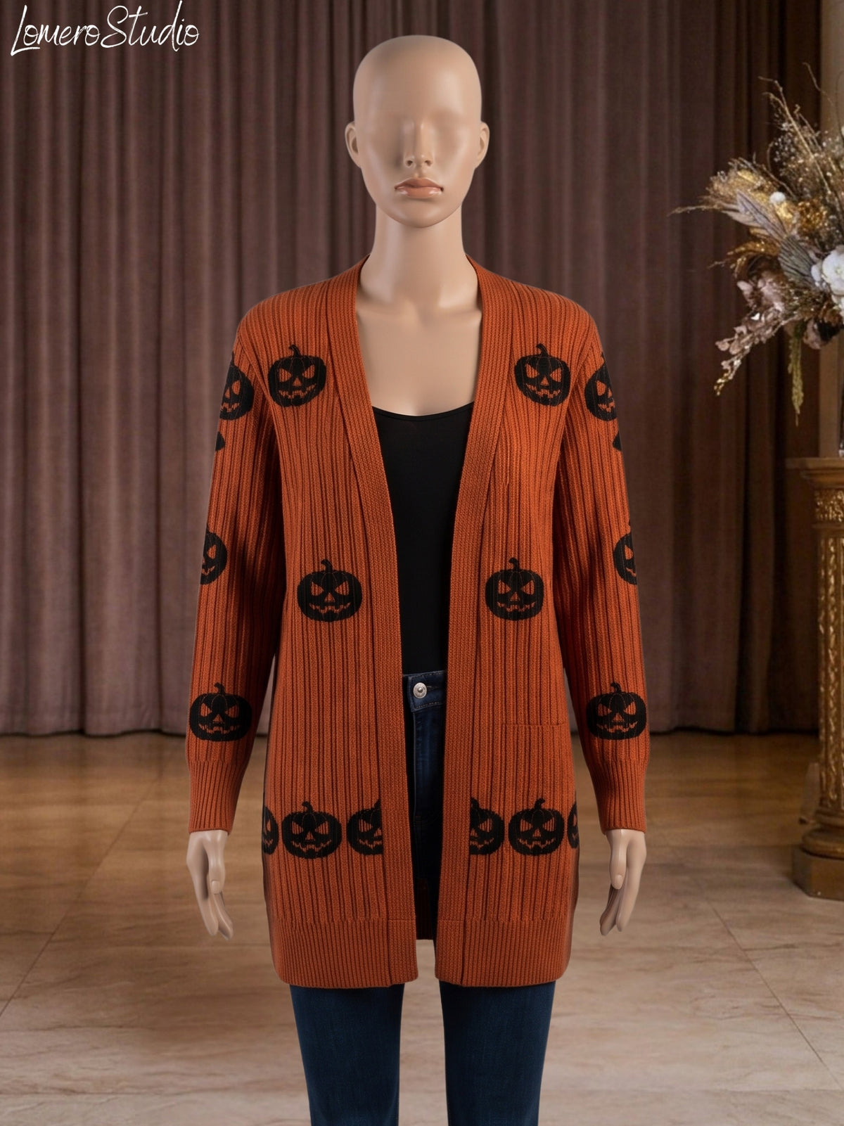 Halloween Pumpkin Cardigan, Open Front Sweater, Knit Cardigan for Women