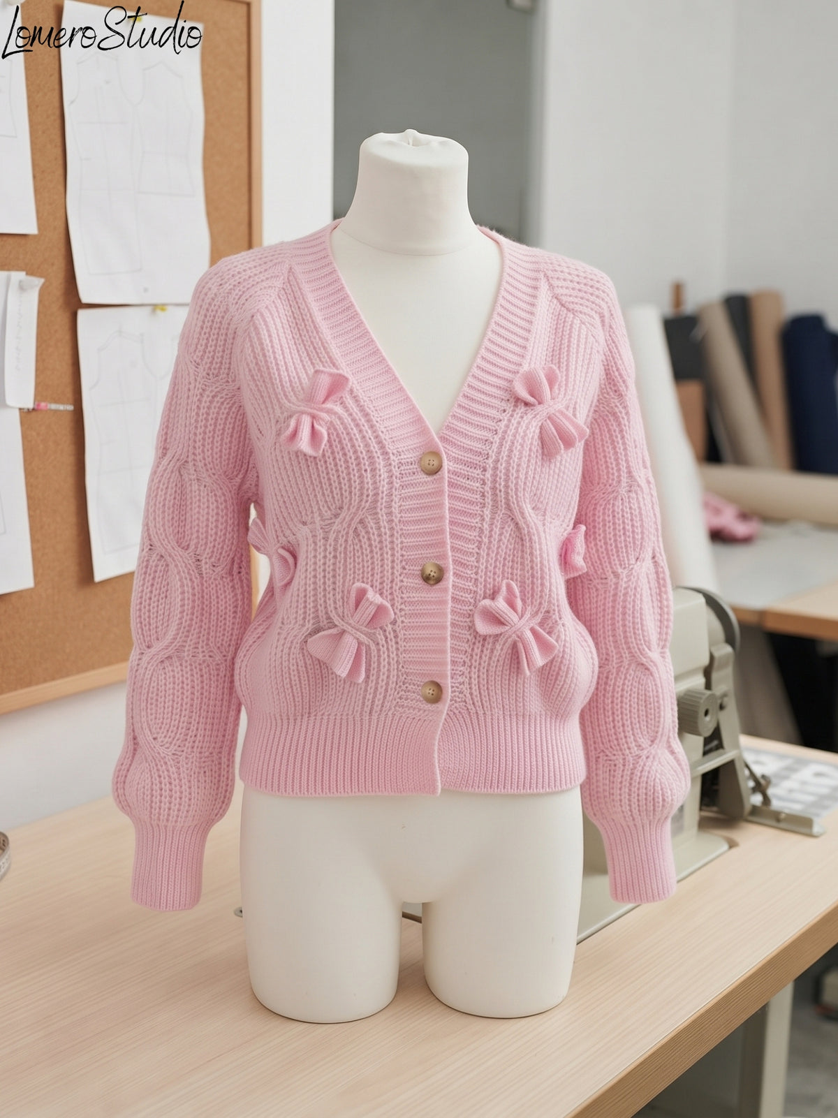 Trendy Bow Cardigan for Women | Cable Knit V-Neck Sweater | Cute Buttoned Outfit