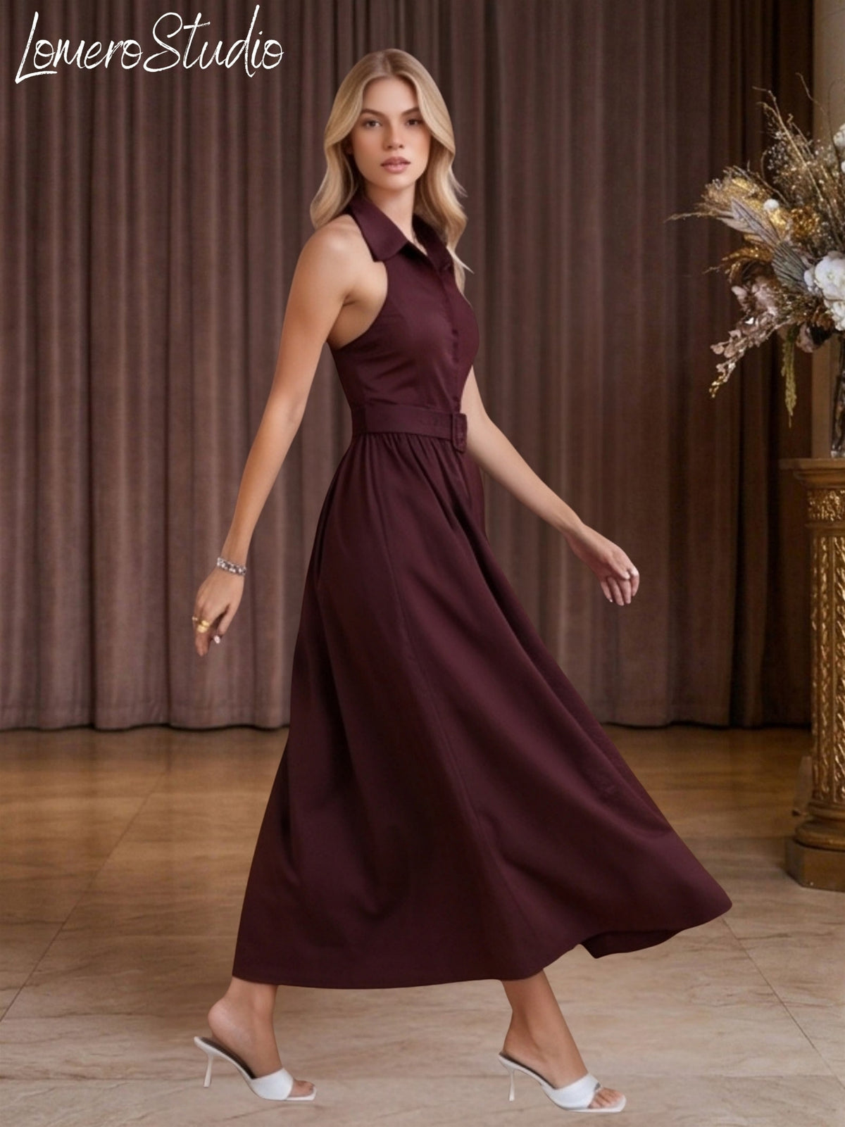 Trendy Sleeveless A-Line Dress for Women | Stylish Collared Belted Midi Dress, Casual Outfit