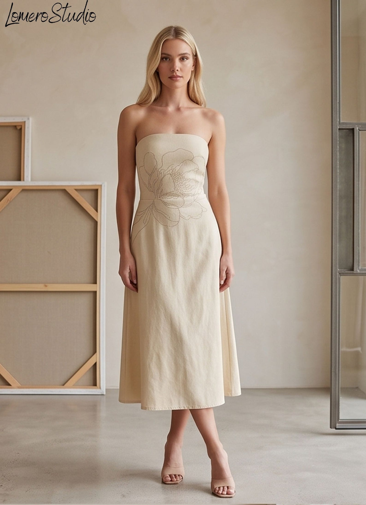 Strapless Linen Dress with Floral Lining, Breathable Midi for Summer Brunch