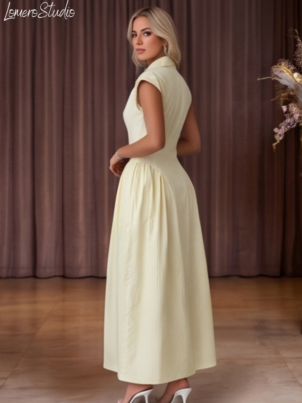 Trendy Cap Sleeve Maxi Dress for Women, Ruched Waist Collared Summer Dress, Casual Outfit