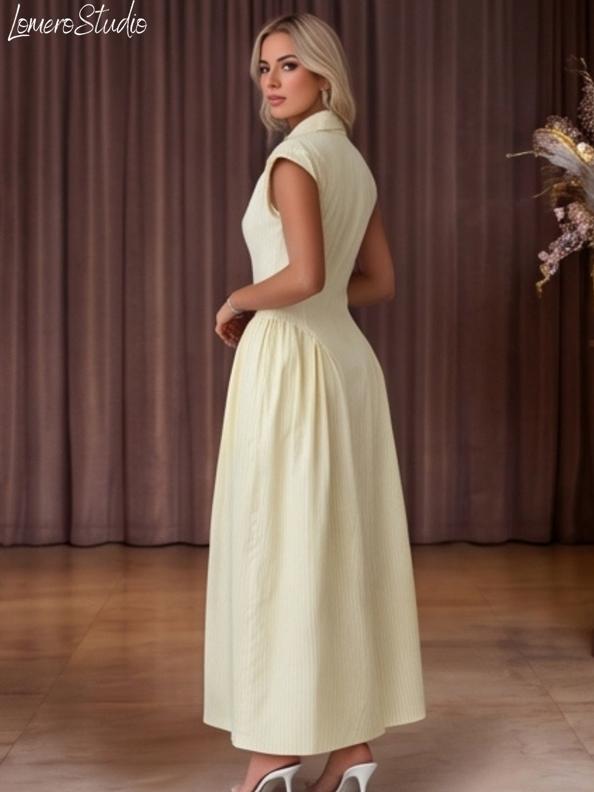 Trendy Cap Sleeve Maxi Dress for Women, Ruched Waist Collared Summer Dress, Casual Outfit