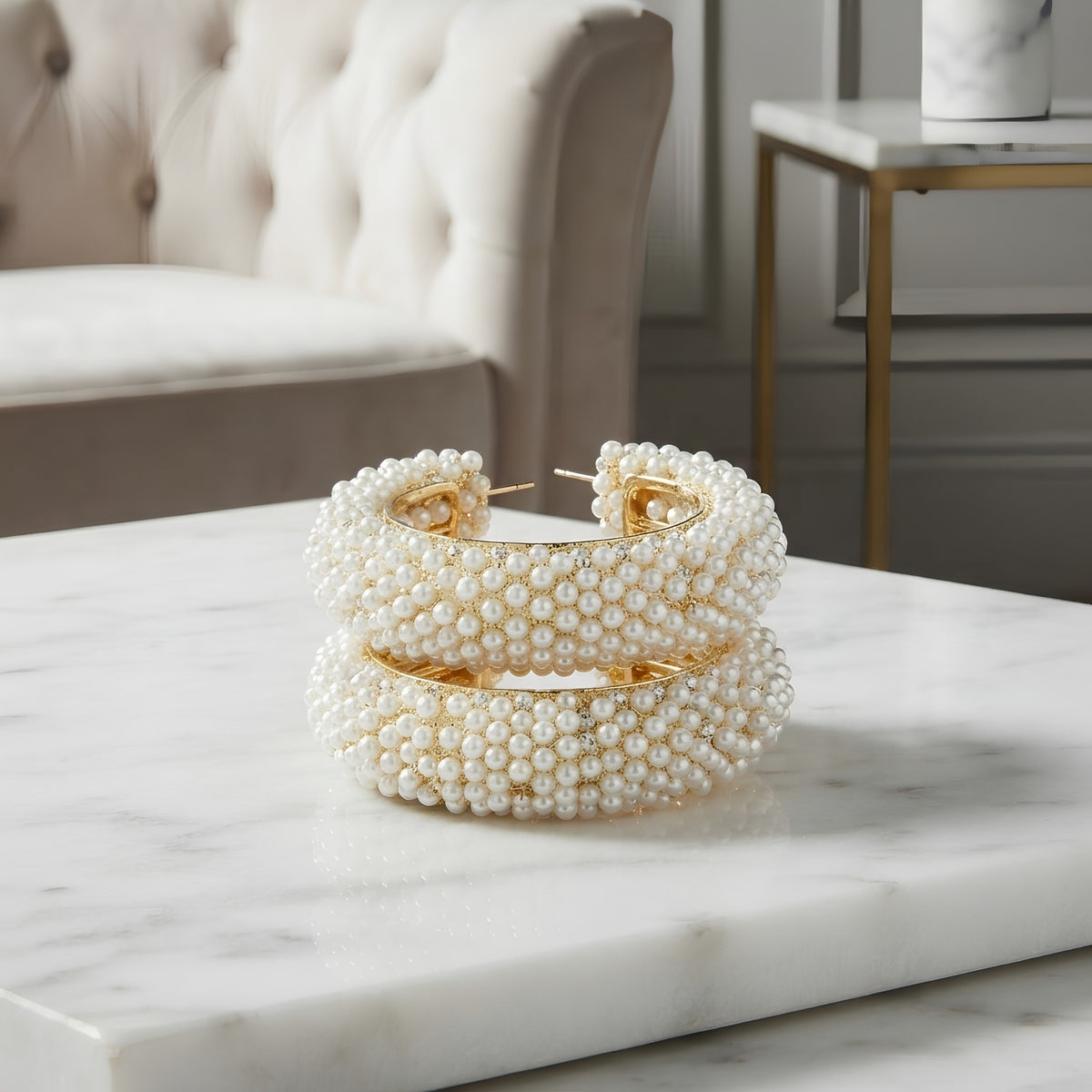 Pearl Encrusted Open Hoop Earrings, Thick Curved Silhouette | Clustered Texture