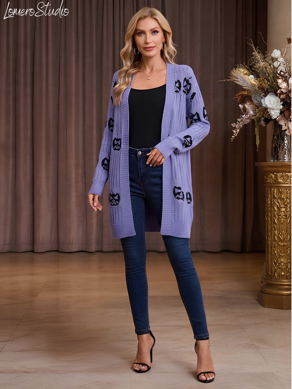Halloween Pumpkin Cardigan, Open Front Sweater, Knit Cardigan for Women