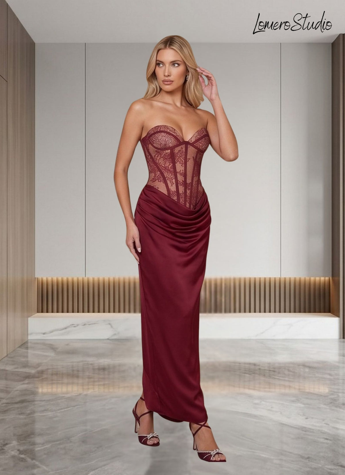 Sleeveless Lace Corset Maxi Dress, Ruched Elegant Party Dress, Sexy Bodycon Prom Dress