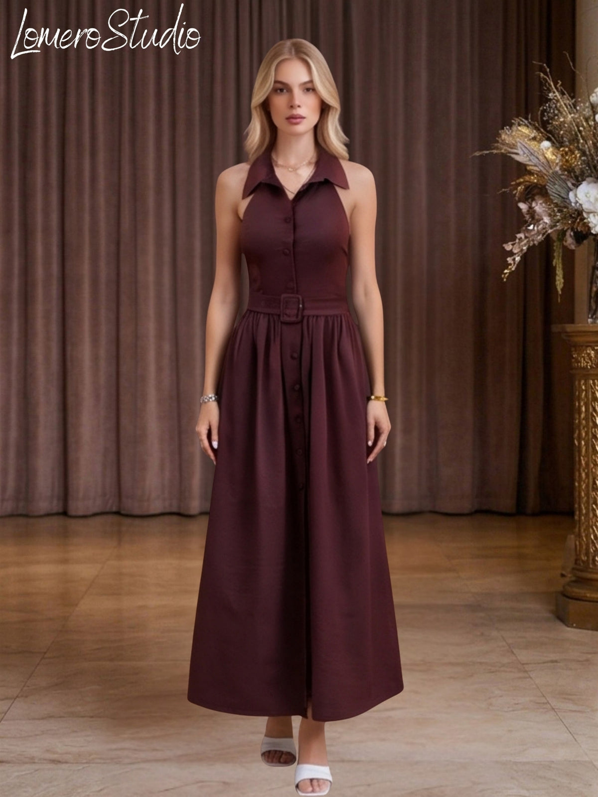 Trendy Sleeveless A-Line Dress for Women | Stylish Collared Belted Midi Dress, Casual Outfit