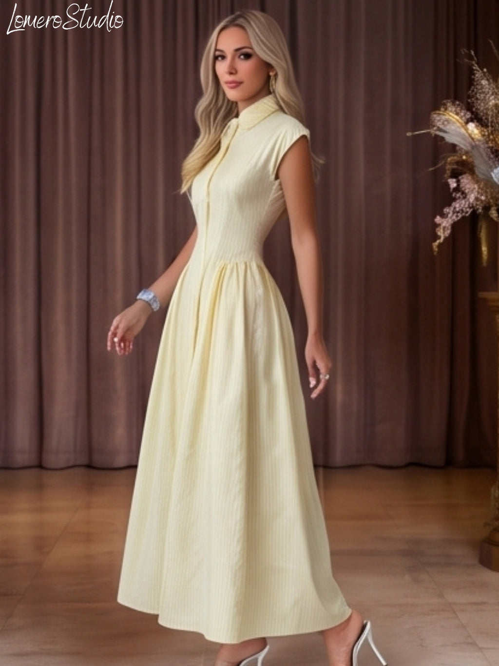 Trendy Cap Sleeve Maxi Dress for Women, Ruched Waist Collared Summer Dress, Casual Outfit