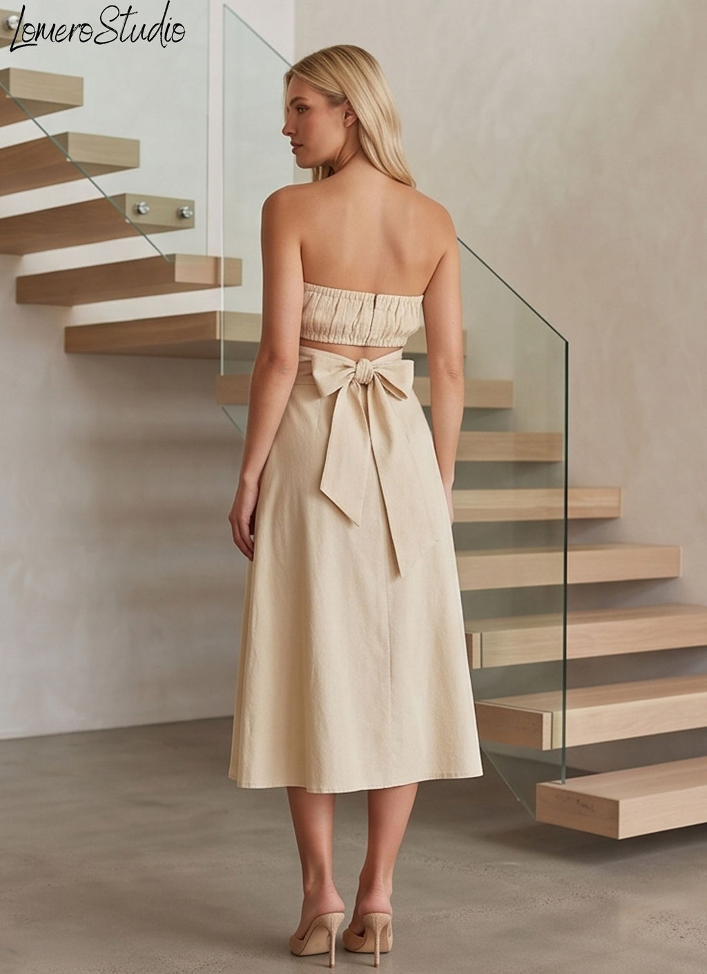Strapless Linen Dress with Floral Lining, Breathable Midi for Summer Brunch