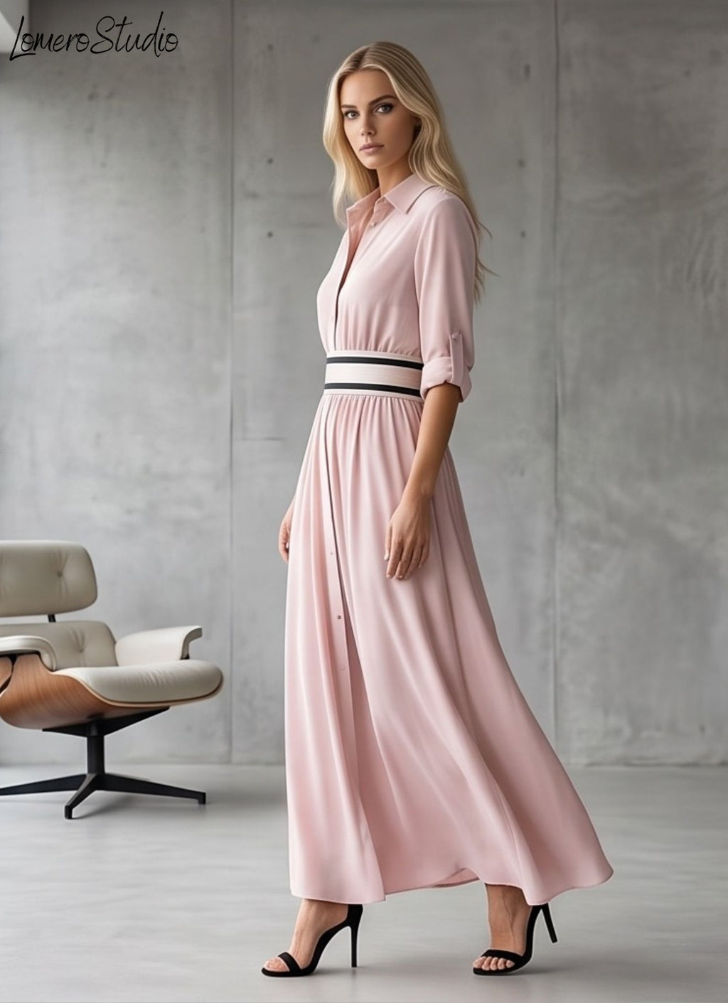 Trendy Color Block Maxi Dress, Elegant Collared Long Dress with Pockets