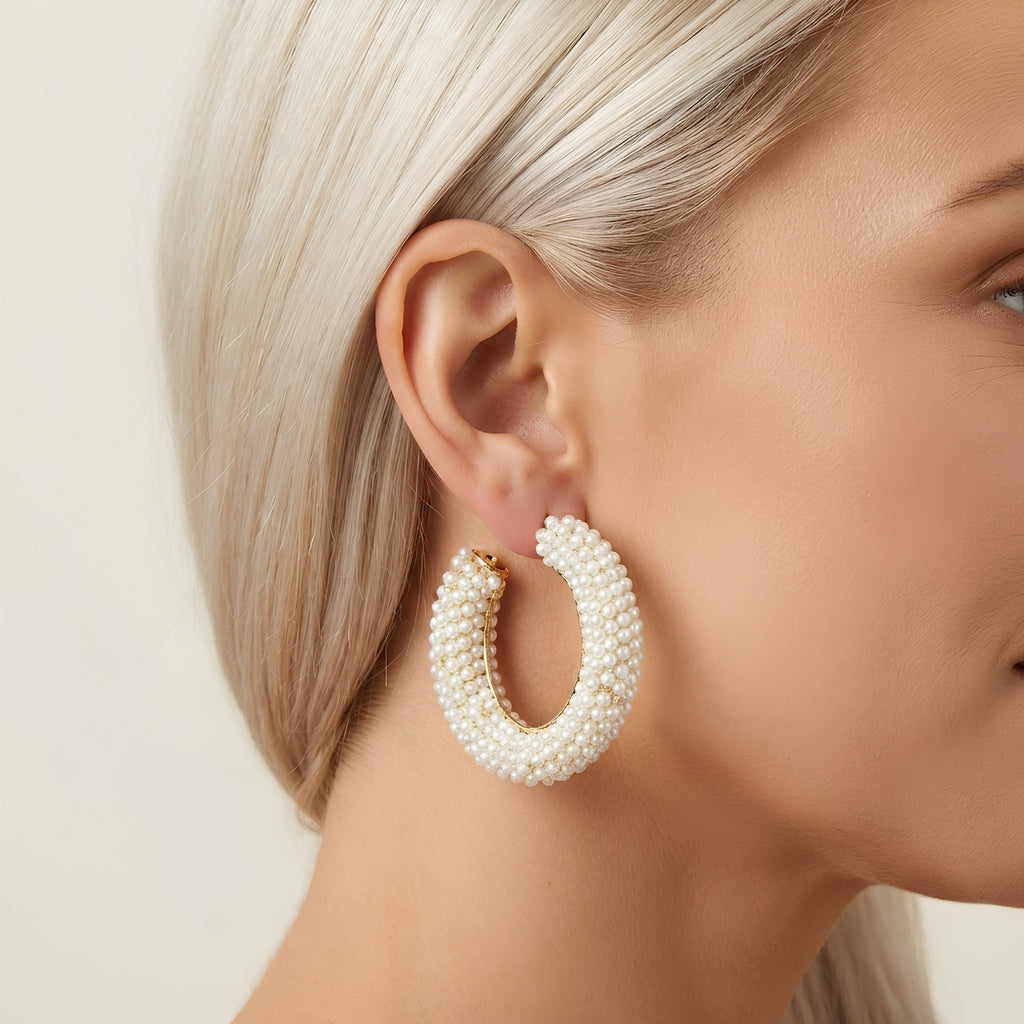 Pearl Encrusted Open Hoop Earrings, Thick Curved Silhouette | Clustered Texture