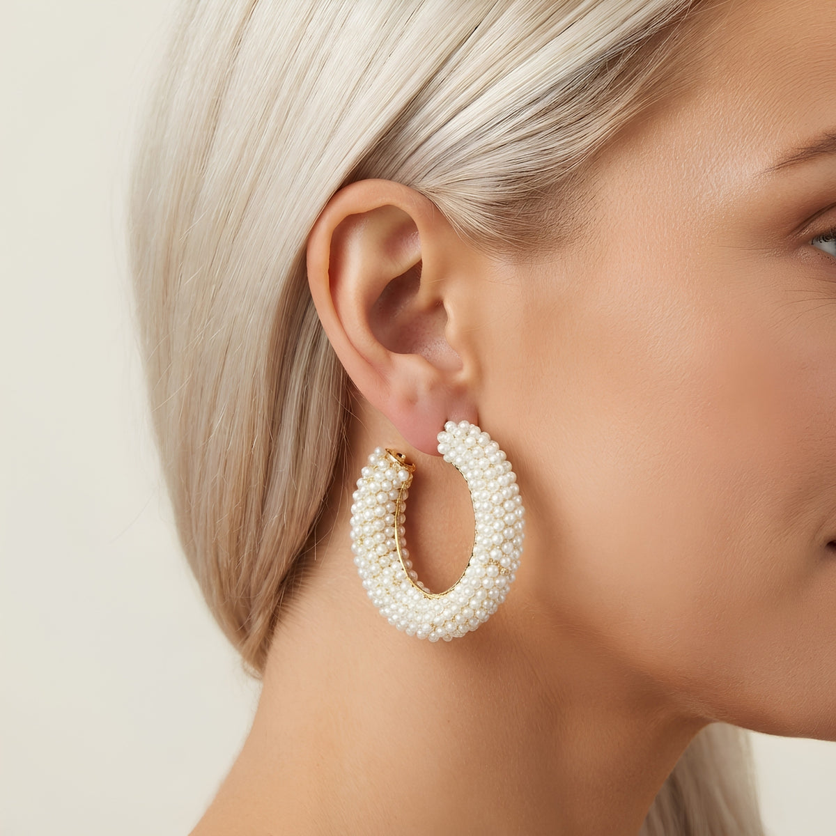 Pearl Encrusted Open Hoop Earrings, Thick Curved Silhouette | Clustered Texture