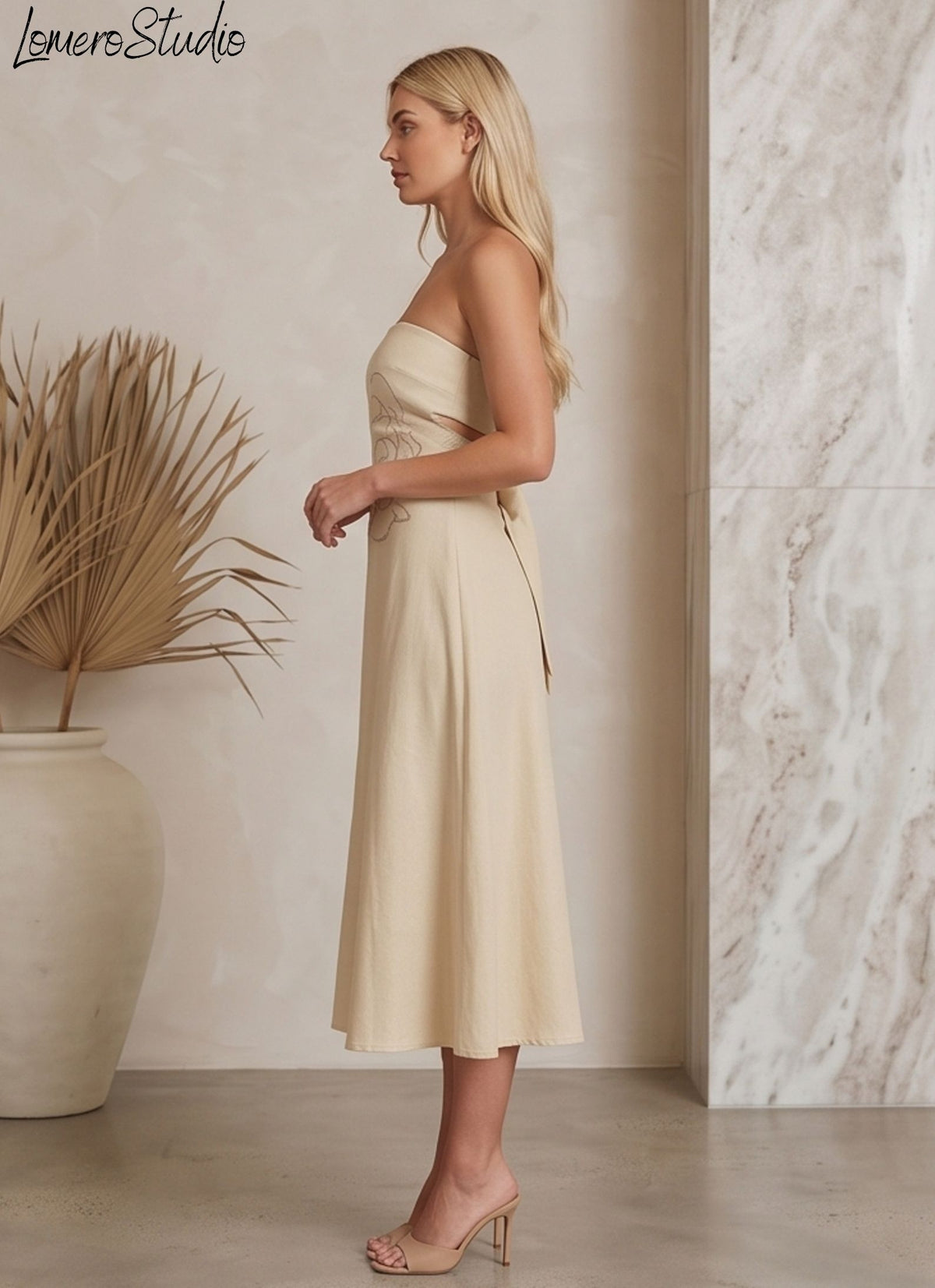 Strapless Linen Dress with Floral Lining, Breathable Midi for Summer Brunch