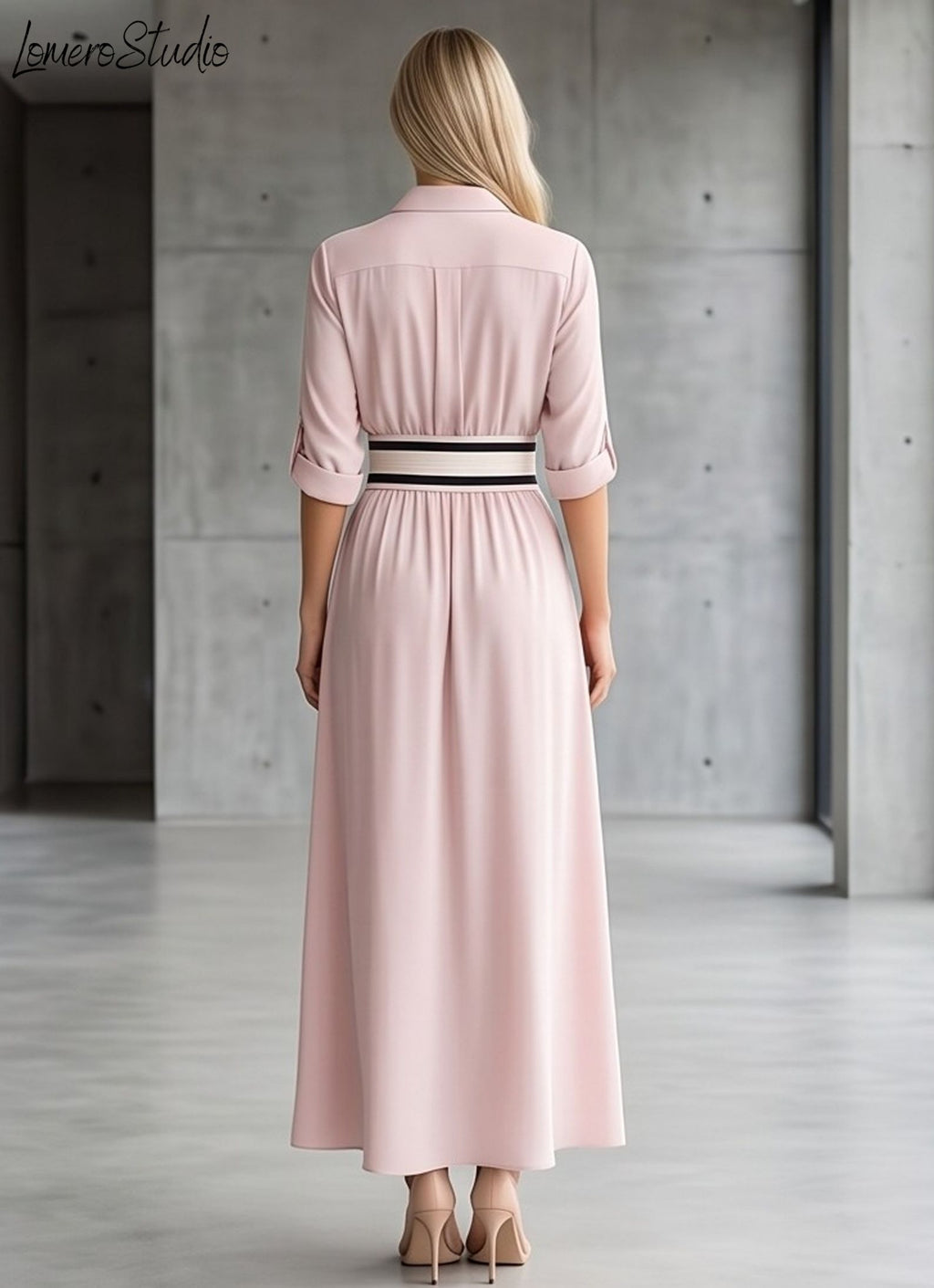 Trendy Color Block Maxi Dress, Elegant Collared Long Dress with Pockets