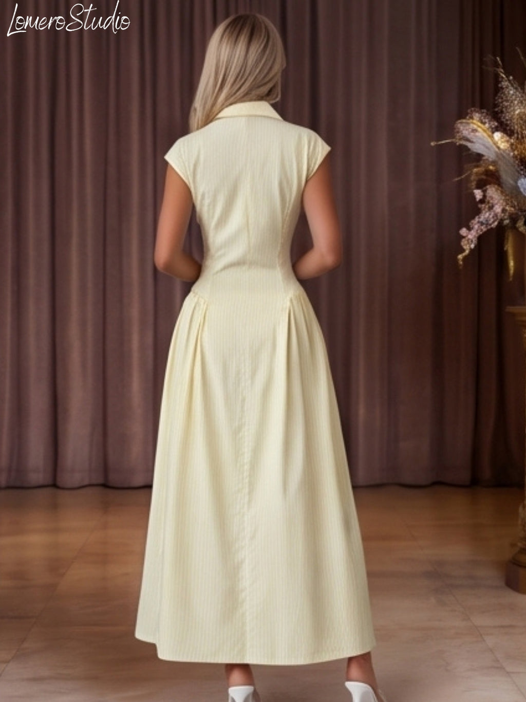 Trendy Cap Sleeve Maxi Dress for Women, Ruched Waist Collared Summer Dress, Casual Outfit