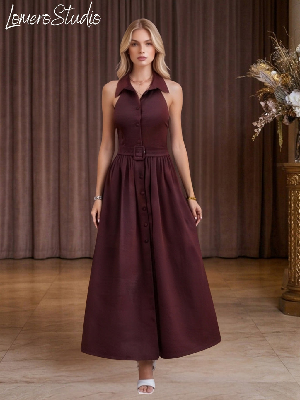 Trendy Sleeveless A-Line Dress for Women | Stylish Collared Belted Midi Dress, Casual Outfit