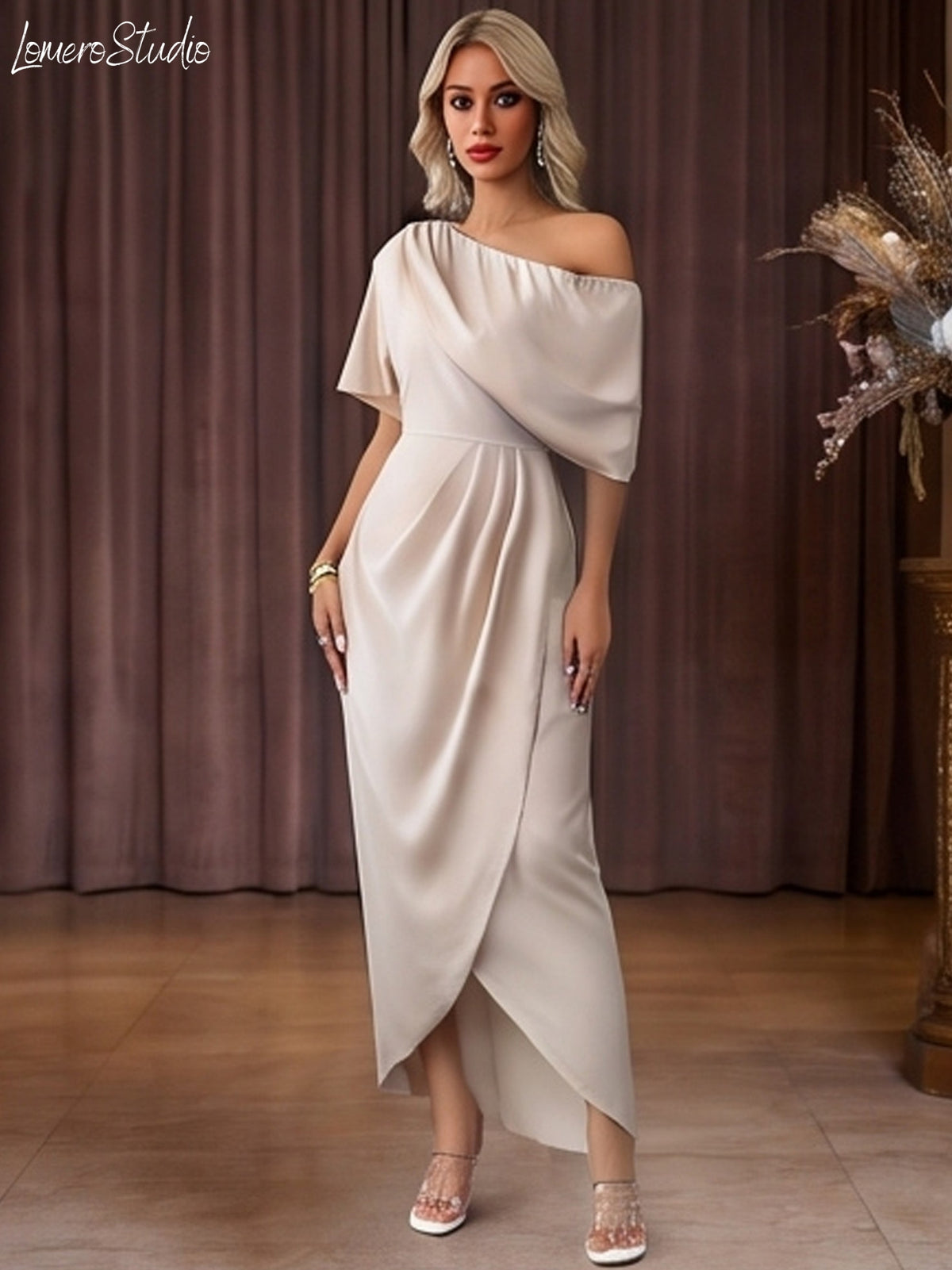 Elegant One Shoulder Cross Ruched Dress for Women, Special Occasion Evening Party Gown