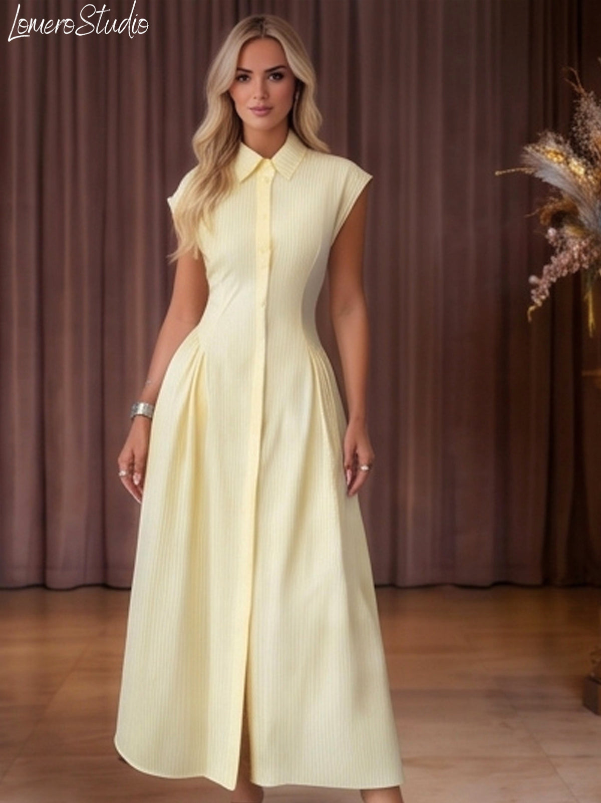 Trendy Cap Sleeve Maxi Dress for Women, Ruched Waist Collared Summer Dress, Casual Outfit